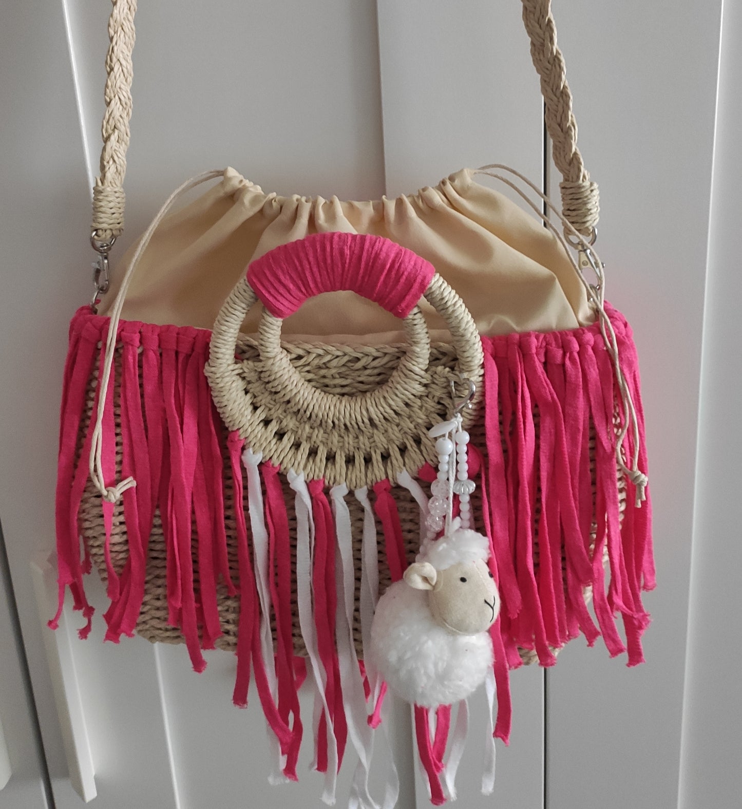 Korbtasche/Handtasche Ibiza Stil, Beige/Pink, Boho, Hand Made, Limited Edition