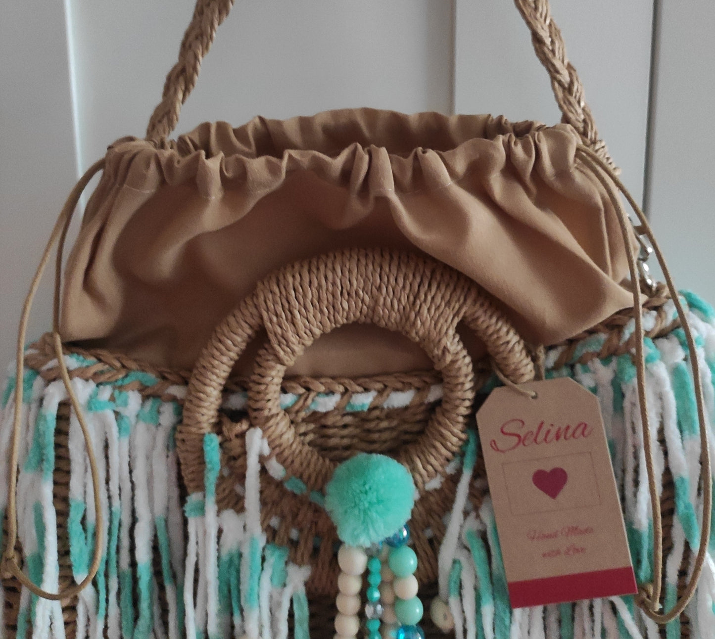 Korbtasche/Handtasche Ibiza Stil, Mocca/Türkis, Boho, Hand Made, Limited Edition