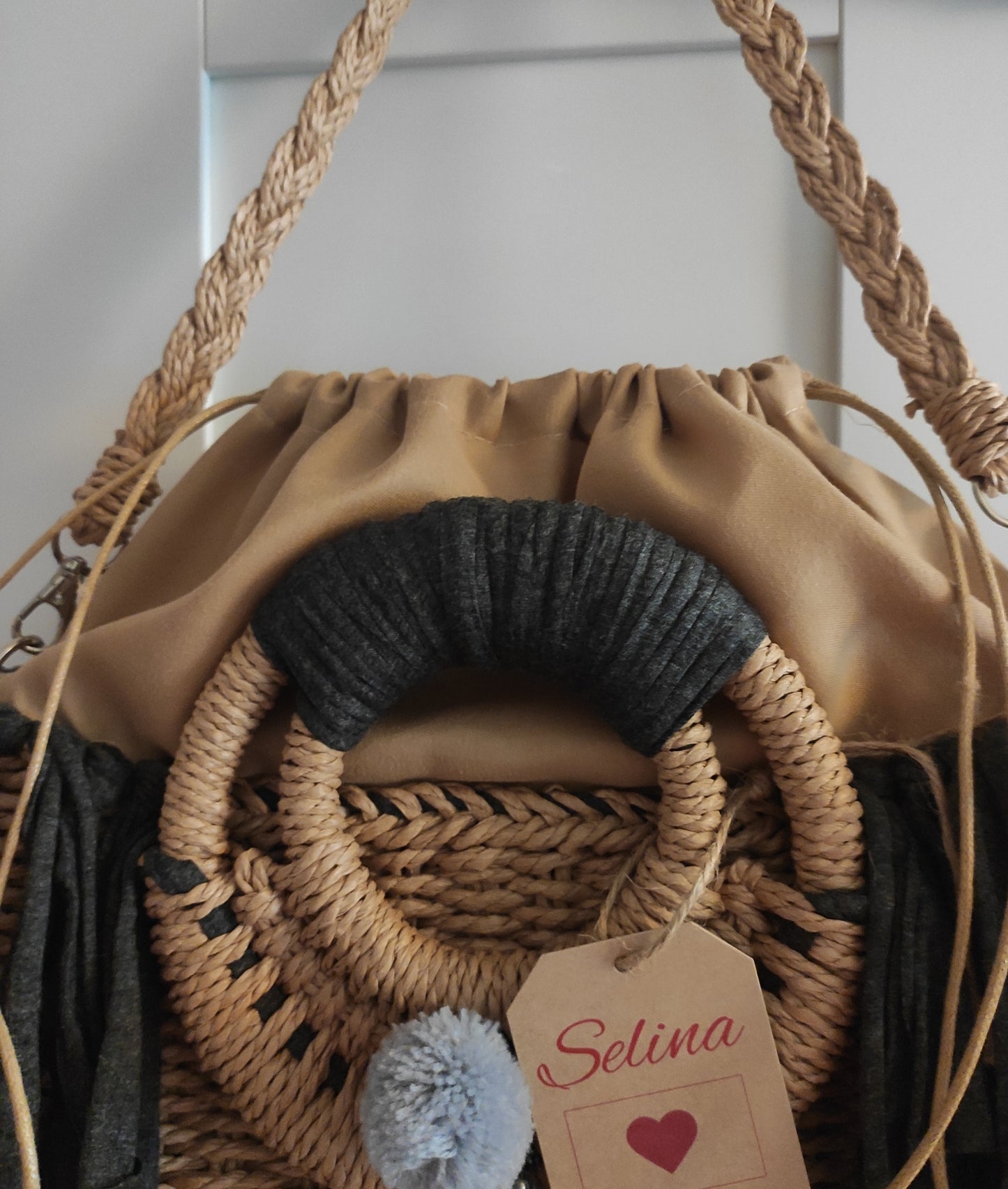 Korbtasche, Handtasche Ibiza, Boho, Mocca/Anthrazit, Fransen, Hand Made, Limited Edition