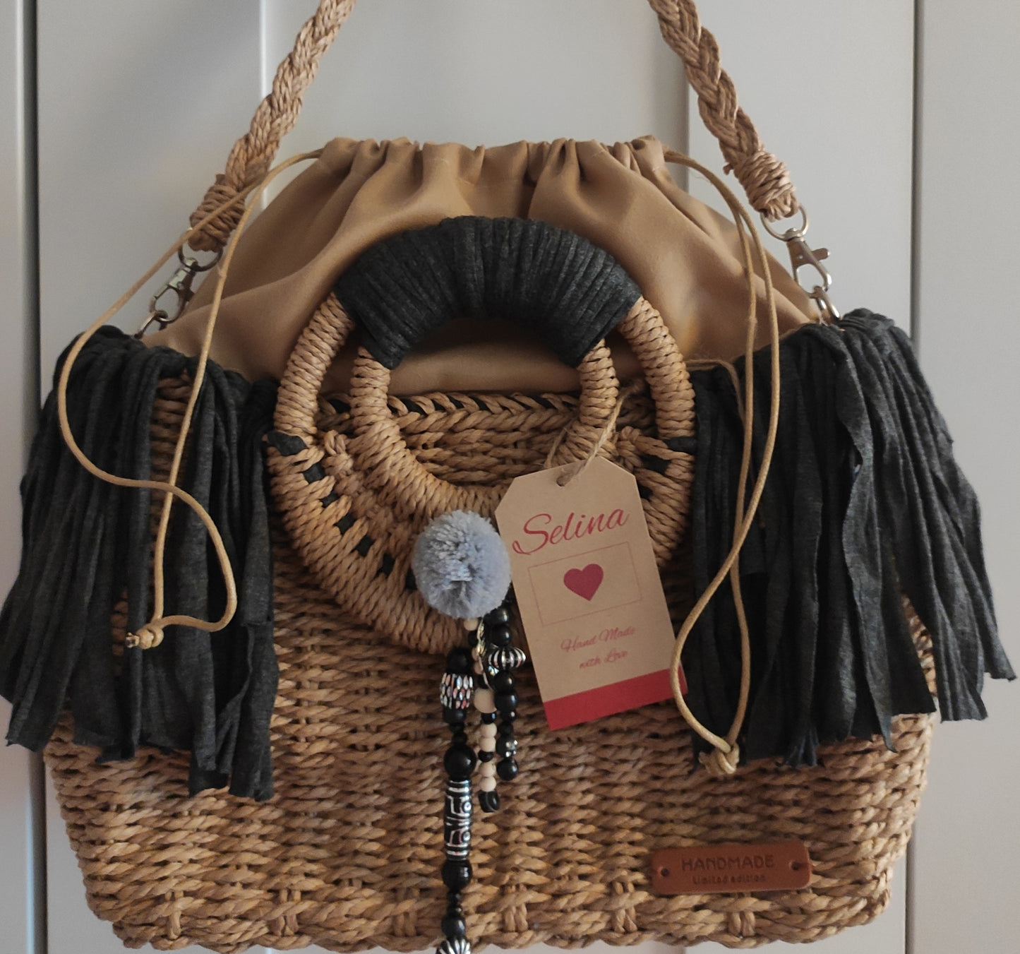 Korbtasche, Handtasche Ibiza, Boho, Mocca/Anthrazit, Fransen, Hand Made, Limited Edition