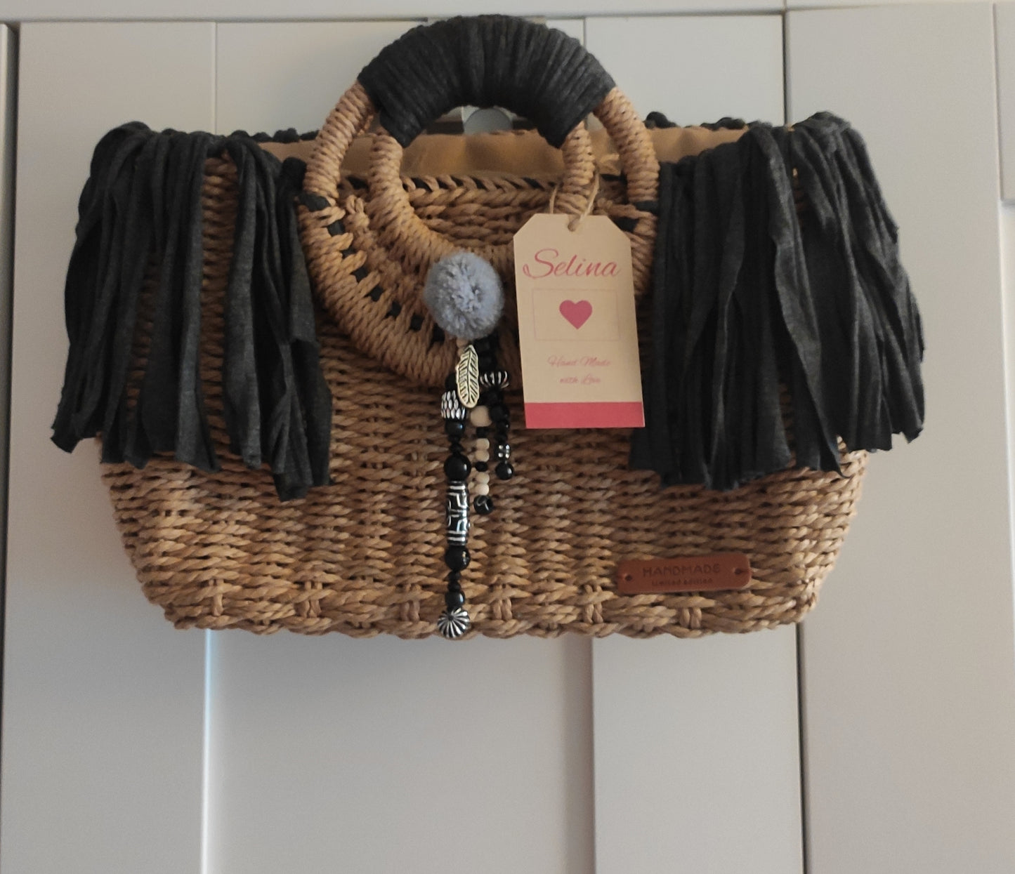 Korbtasche, Handtasche Ibiza, Boho, Mocca/Anthrazit, Fransen, Hand Made, Limited Edition