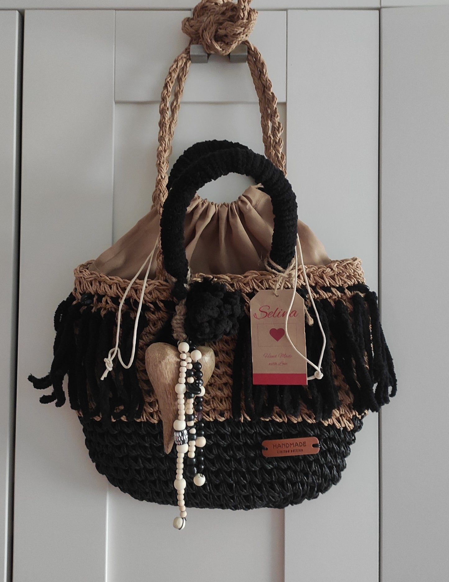 Korbtasche, Handtasche Ibiza, Boho, Mocca/Anthrazit, Fransen, Hand Made, Limited Edition