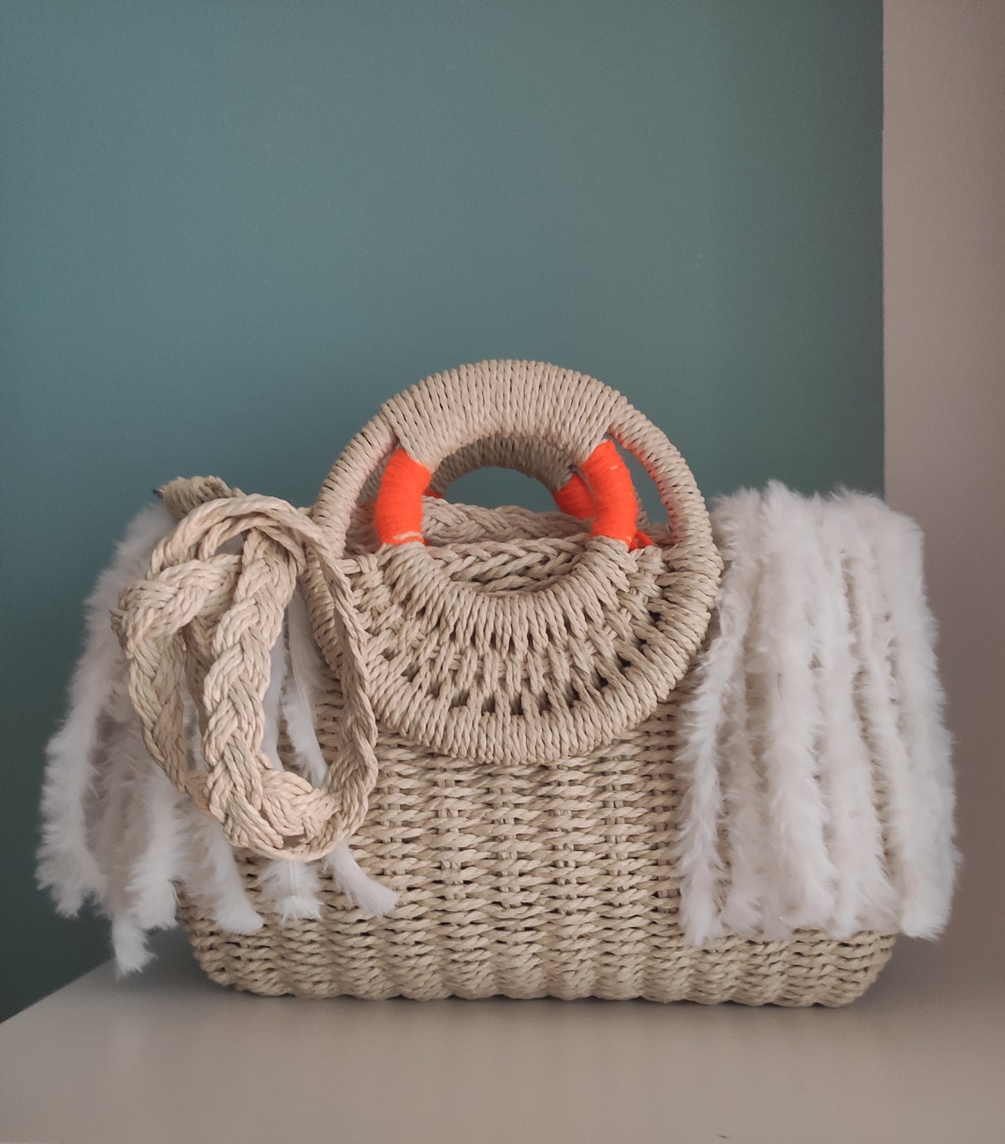 Korbtasche/Handtasche Ibiza Stil, Beige/Orange, Boho, Hand Made, Limited Edition