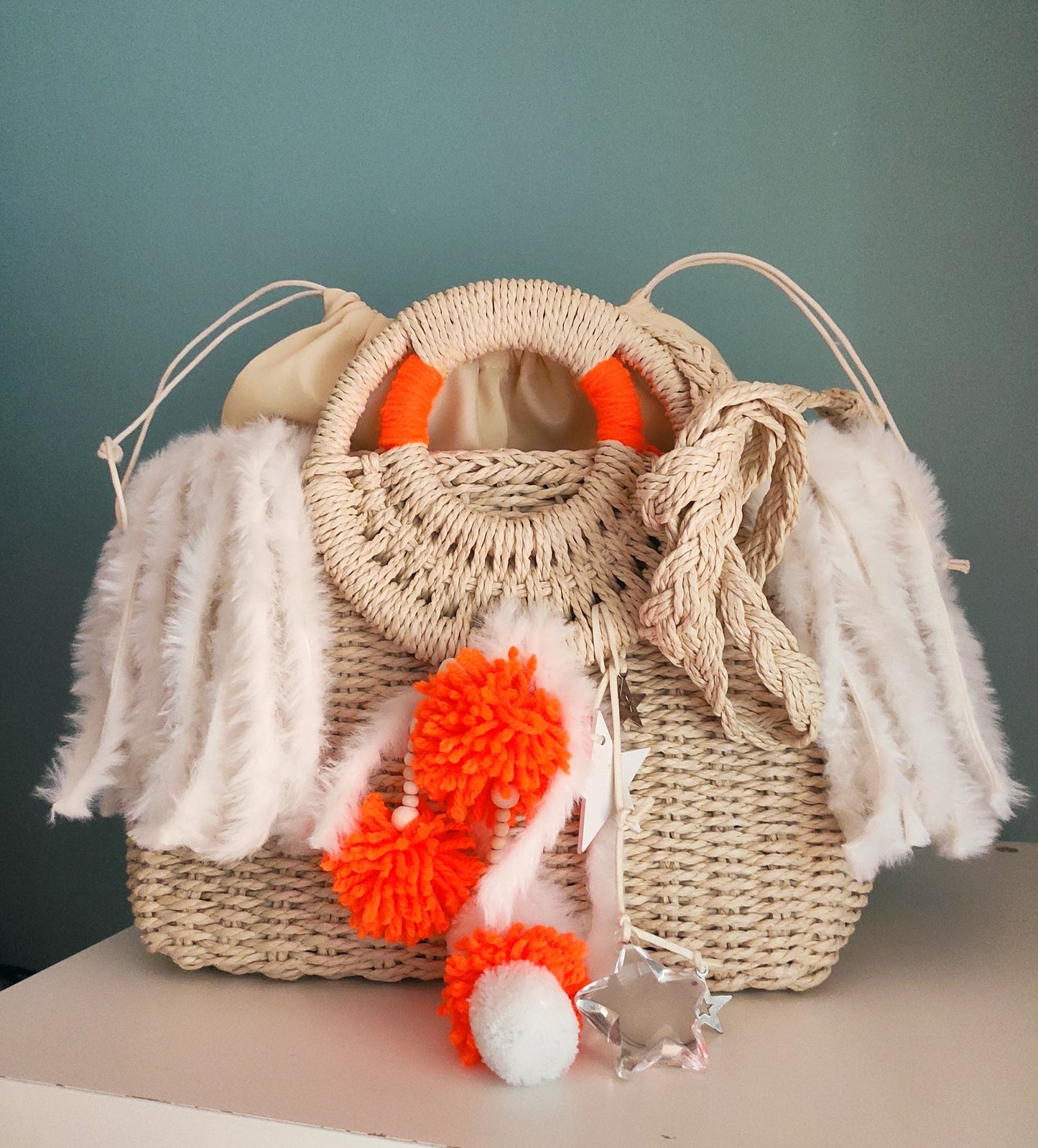 Korbtasche/Handtasche Ibiza Stil, Beige/Orange, Boho, Hand Made, Limited Edition