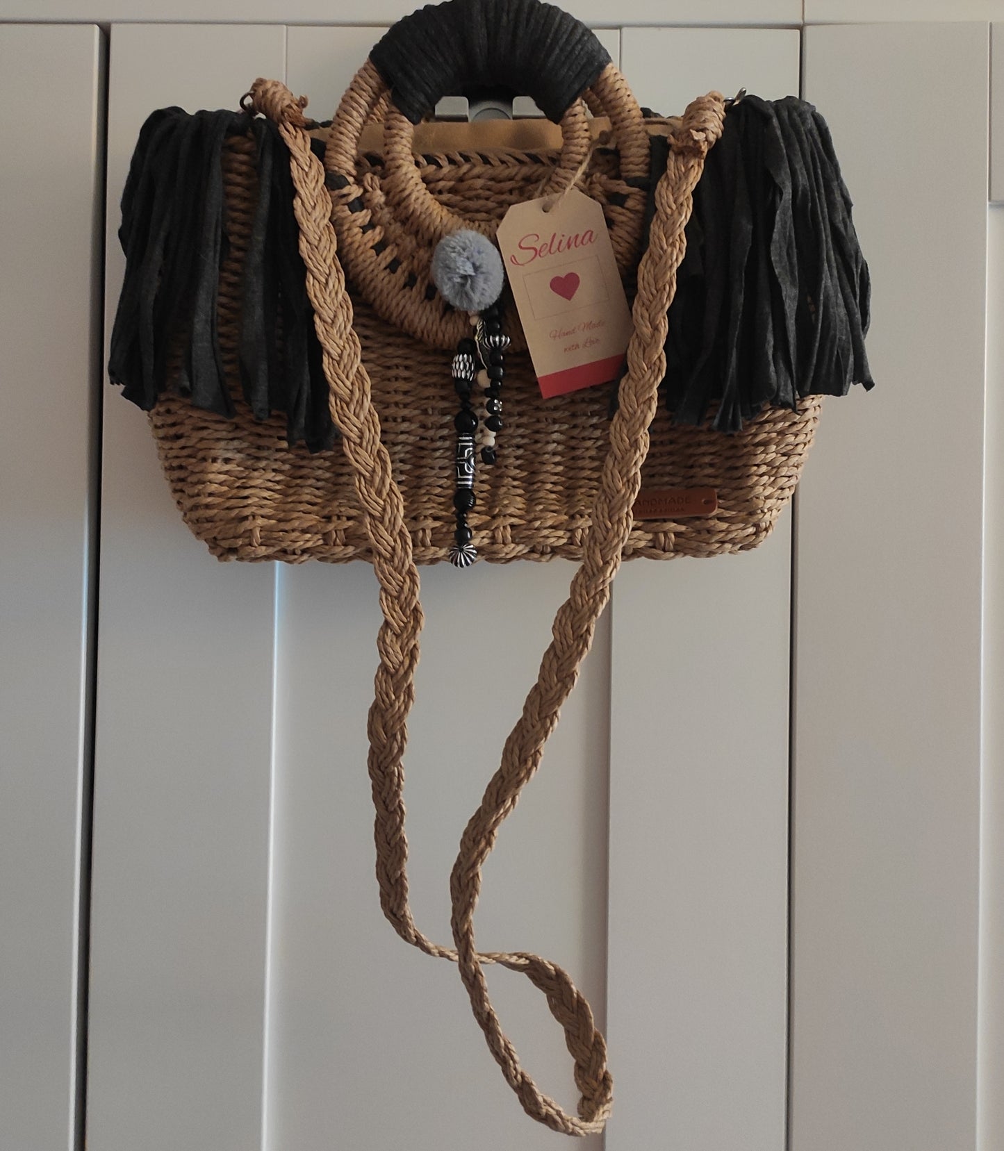 Korbtasche, Handtasche Ibiza, Boho, Mocca/Anthrazit, Fransen, Hand Made, Limited Edition