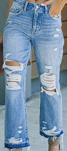 Jeans-Bootcut, Damen, fransig, Löcher & Risse, Vintage Wash, Hot