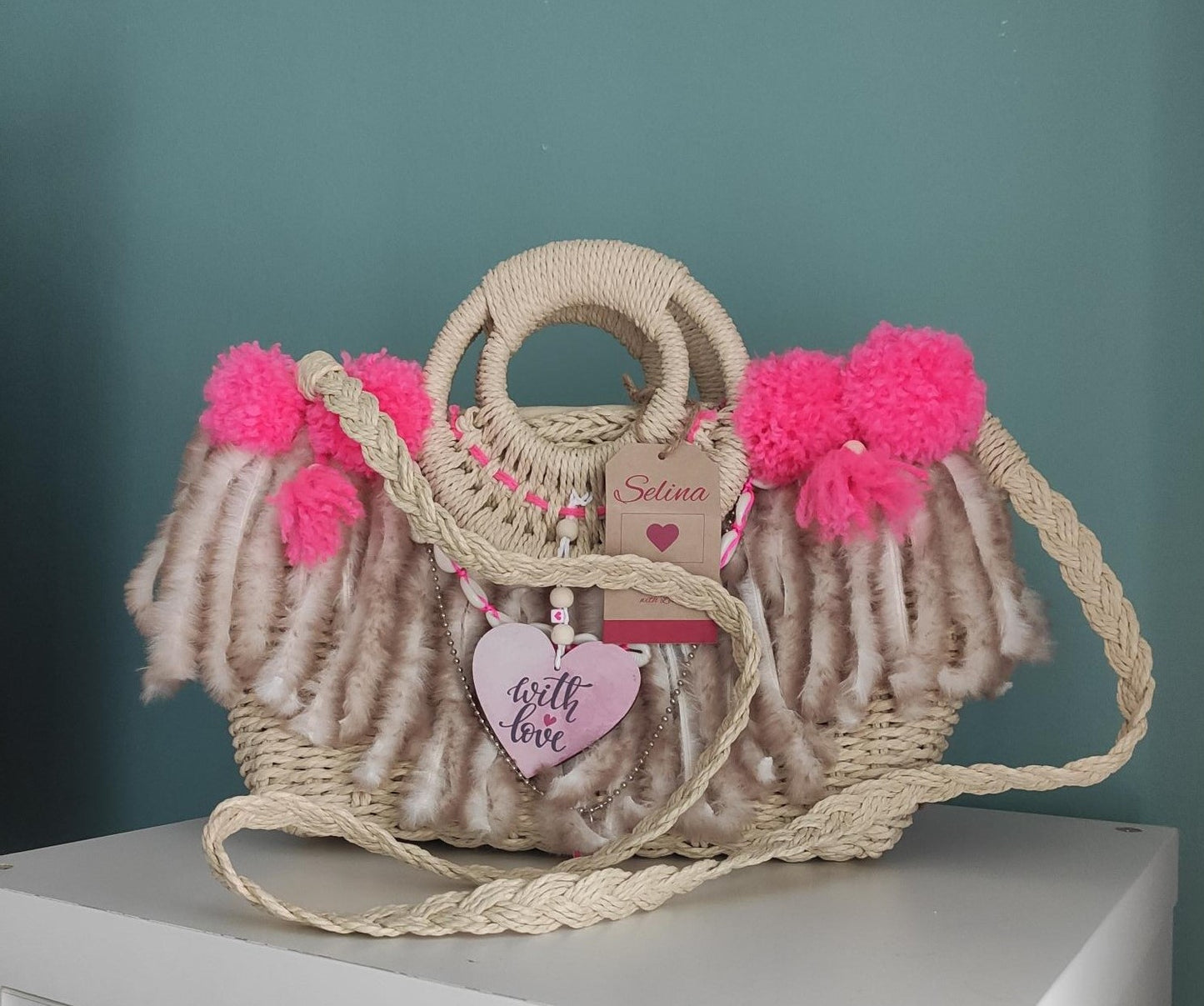 Korbtasche/Handtasche - Ibiza, Beige/Pink, Hippie, Boho, Hand Made, Limited Edition