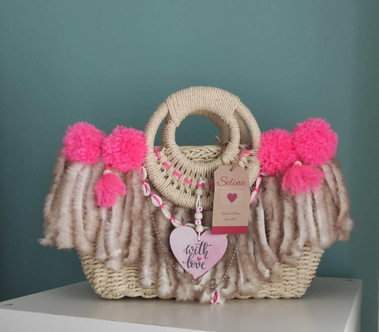 Korbtasche/Handtasche - Ibiza, Beige/Pink, Hippie, Boho, Hand Made, Limited Edition