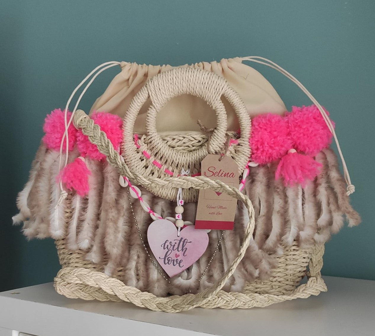 Korbtasche/Handtasche - Ibiza, Beige/Pink, Hippie, Boho, Hand Made, Limited Edition