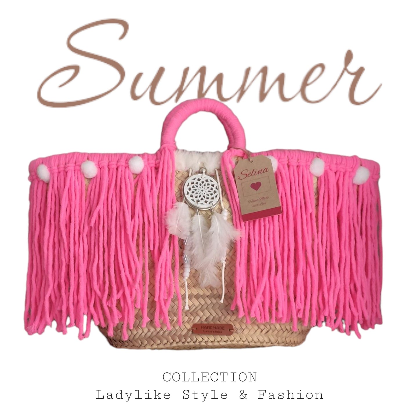 Strandtasche, Shoppingtasche, Korbtasche Ibiza/Mallorca, Pink, Hand Made, Boho