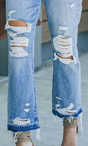 Jeans-Bootcut, Damen, fransig, Löcher & Risse, Vintage Wash, Hot